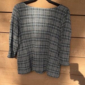J. Jill Ponte Gray, Tan, White Plaid Blouse with Pleated Back size Medium